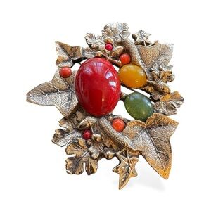 Vintage Leaf Statement Brooch • Red/Amber/Green Cabochons • Gold Tone • 2.75”